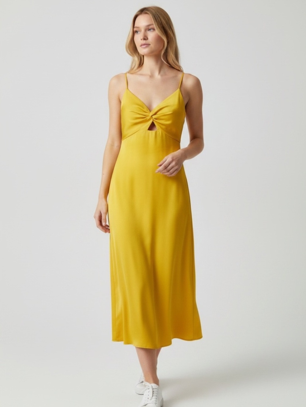 SHEIN Yellow Spaghetti Strap Midi Dress with Front Twist